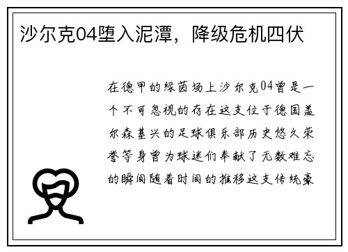 沙尔克04堕入泥潭，降级危机四伏