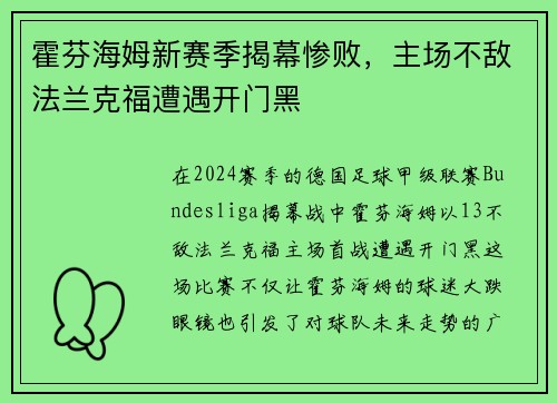 霍芬海姆新赛季揭幕惨败，主场不敌法兰克福遭遇开门黑